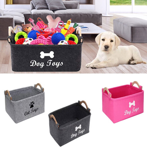 (Gray)Folding Pet Felt Toy Storage Box Dog Basket Wooden Handle Large Size Square 2