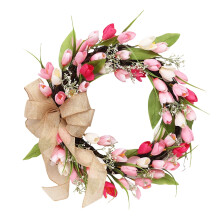 Red and Pink Tulip Wreath with Burlap Bow – 45 cm