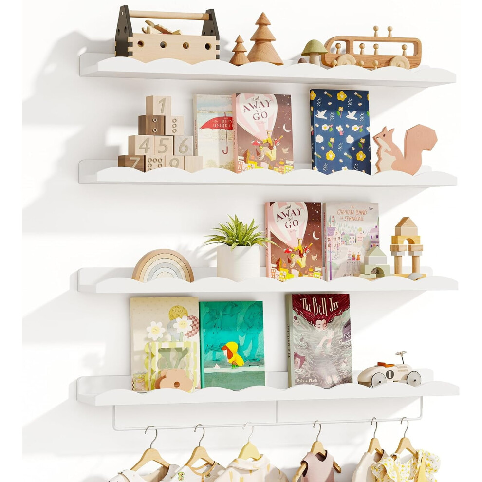 16.5" Floating Nursery Shelves Set of 4, Scalloped Wall Bookshelves with Towel Rack for Kids, Toddler & Baby Room Decor & Storage