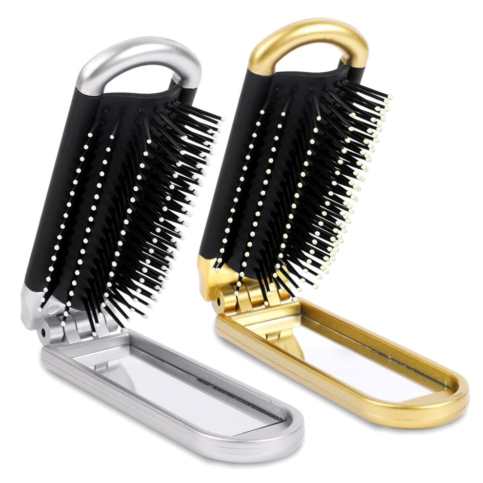 Silver/Gold Travel Hair Brush, 2 Pcs Folding Hair Brush With Mini Mirror, Compact Hair Brushes Hair Styling Tools For Gym, Trip, Purse, Swimming, &