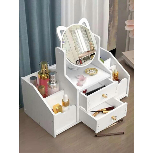 Witte houten make-up organizer met lades en spiegel 2