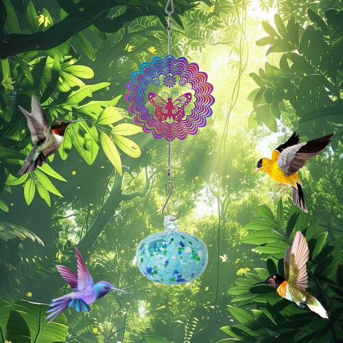 Hummingbird-Shaped Hanging Bird Feeder with Wind Chime and 2