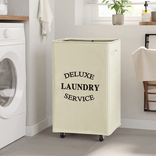 Beige 90L Large Rolling Laundry Basket - Collapsible Tall Rectangular Hamper with Handle for Dorm & Laundry 2