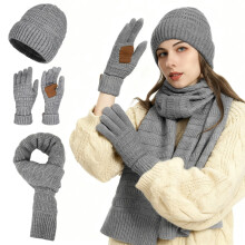 Winter Hat Gloves Scarf Set, Knit Beanie Hat with Scarf & Touchscreen Gloves for Men Women, Gray