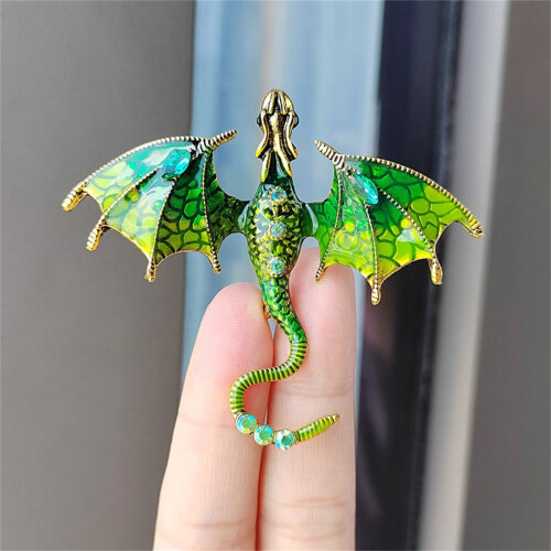 Broșă vintage dragon emailat verde cu strasuri