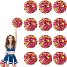 12 Pcs 10" Metallic Foil Cheer Pom Poms with Handle & Flowers – Compatible with Cheerleading, Dance, Sport Team & Party