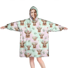 Green Highland Cow Flower Wearable Oversized Blanket Hoodie, Cozy Fuzzy Pullover with Super Pockets – Compatible with Adults