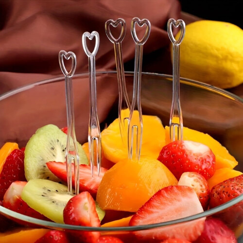 Forchette da frutta in plastica trasparente a forma di cuore, 100 pezzi 1