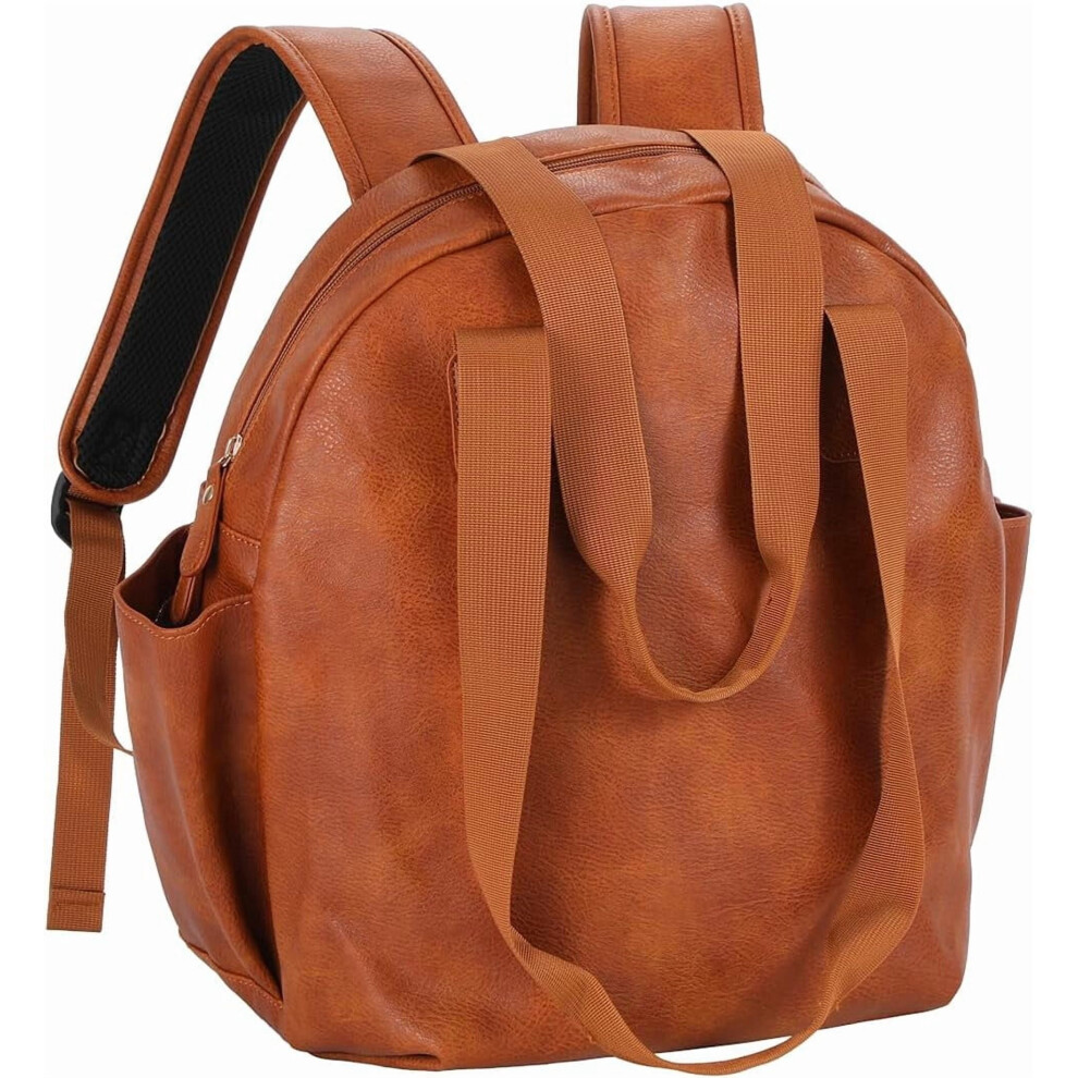Stylish Diaper Bag Backpack, Leather Large Capacity Travel Baby Diaper Bag Tote For Mom Dad, Handbag Shoulder Bag, Waterproof, Lightweight Brown