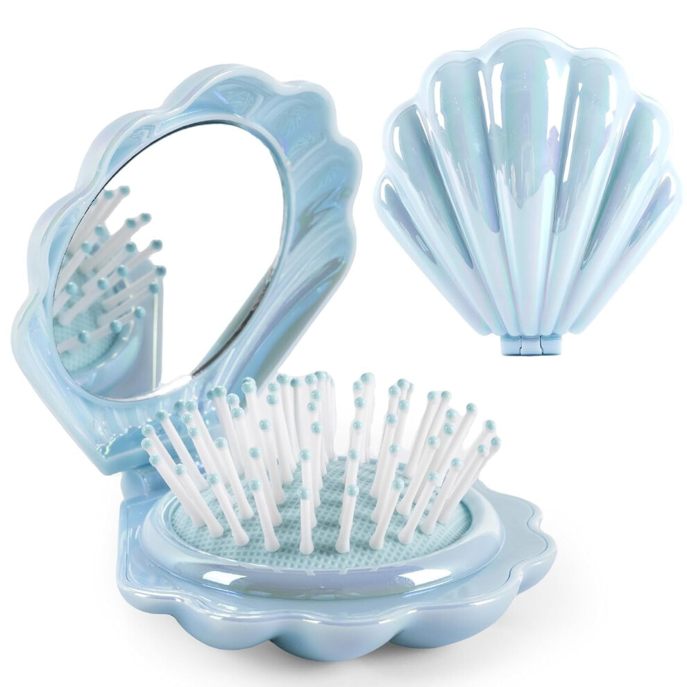 Blue Foldable Travel Hair Brush With Mirror, Metallic Shine, Pocket-Sized Hair Massager & Comb Â