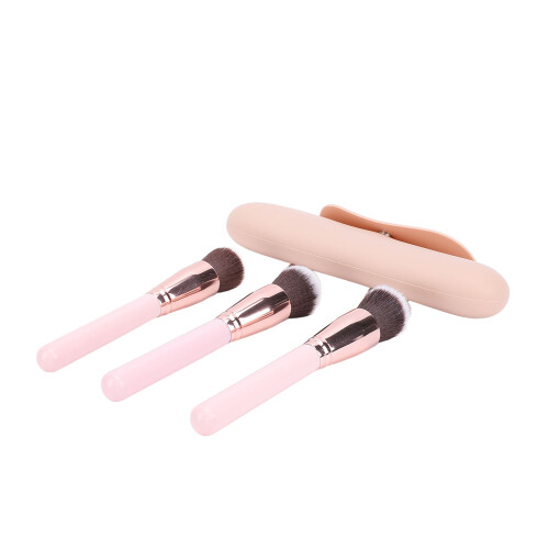 Silicone Makeup Brush Holder Set with 3 Solid Wood Brushes, Portable Dustproof
