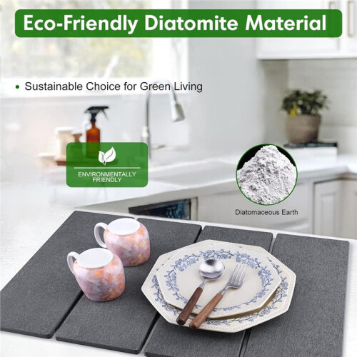 Stone Dish Drying Mat for Kitchen Counter, Foldable Diatomaceous Earth Large Dry Mats Grey 2