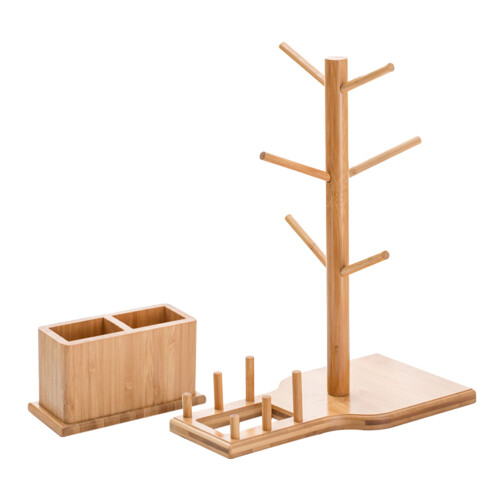 2Pcs Brown Bamboo Storage Rack Hanging Mug Holder for Home Cafe 1