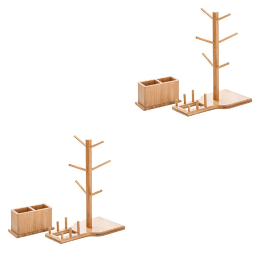 2Pcs Brown Bamboo Storage Rack Hanging Mug Holder for Home Cafe 2