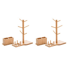 2Pcs Brown Bamboo Storage Rack Hanging Mug Holder for Home Cafe