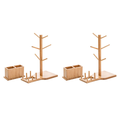 2Pcs Brown Bamboo Storage Rack Hanging Mug Holder for Home Cafe