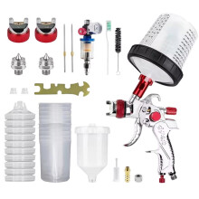 HVLP Spray Gun 1.4+1.7+2.0mm Nozzle Kit with Air Regulator Filters +10PCS No-Clean Paint Mixing Cups Red