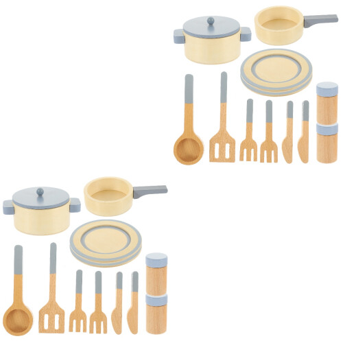 2Sets Durable Wood Cookware Playset Pretend Play Kitchenware for Kids 2
