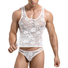 (M, White) Mens Sissy Floral Lace Mesh Tank Top Sexy See Through Slim Fit Vest Lingerie Sleeveless Fishnet Muscle Shirt Fitness Undershirt