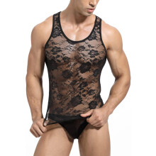 (S, Black) Mens Sissy Floral Lace Mesh Tank Top Sexy See Through Slim Fit Vest Lingerie Sleeveless Fishnet Muscle Shirt Fitness Undershirt