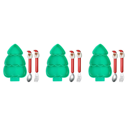 3Pcs Christmas Tree Plastic Sectioned Plates with Baby Dining Utensils