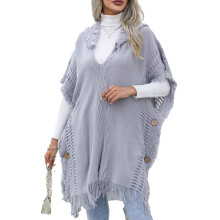 Elegante scialle da donna, pullover con cappuccio e dettagli con nappe e struttura del maglione poncho da donna, pullover a maglia tinta unita con