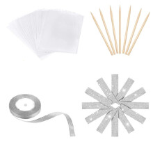 Kit de Fabrication de Pommes D'Amour au Caramel (72 Bâtonnets et Sachets), Ruban Argenté à Paillettes