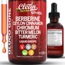 (1 Bottle) Clean Nutra Berberine, Ceylon Cinnamon, Chromium, Bitter Melon, Turmeric, Glucomannan, Gymnema & More for Natural Wellness Liquid Drop