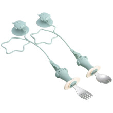 1Set Kids Fork and Spoon Set Green Silicone with Anti-Drop Suction Cup