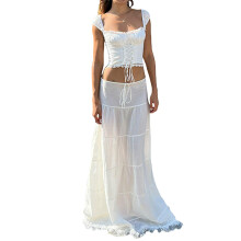 (S, White) Womens Long Skirts Lace Hem Tie-Up Low Waist Skirts Spring Summer Fashion Casual Skirts