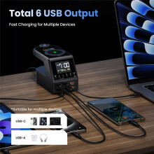 240W GaN Charger Station with Alarm Clock Display 4x140W PD3.1 USB TypeC Wireless Fast Charger for (US)