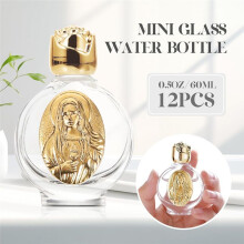 12 Pcs Embossed Holy Water Bottles Glass Water Bottle Portable Holy Water Container Church Blessing Bottles Gold