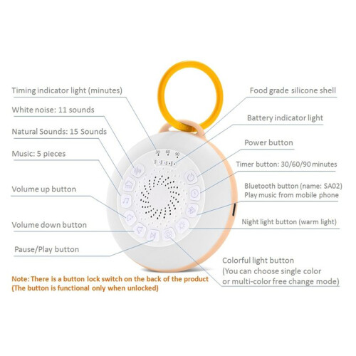 White Noise Machine with 11 White Noise Adjustable, Night Light,  Speaker,Timing Function Orange 1