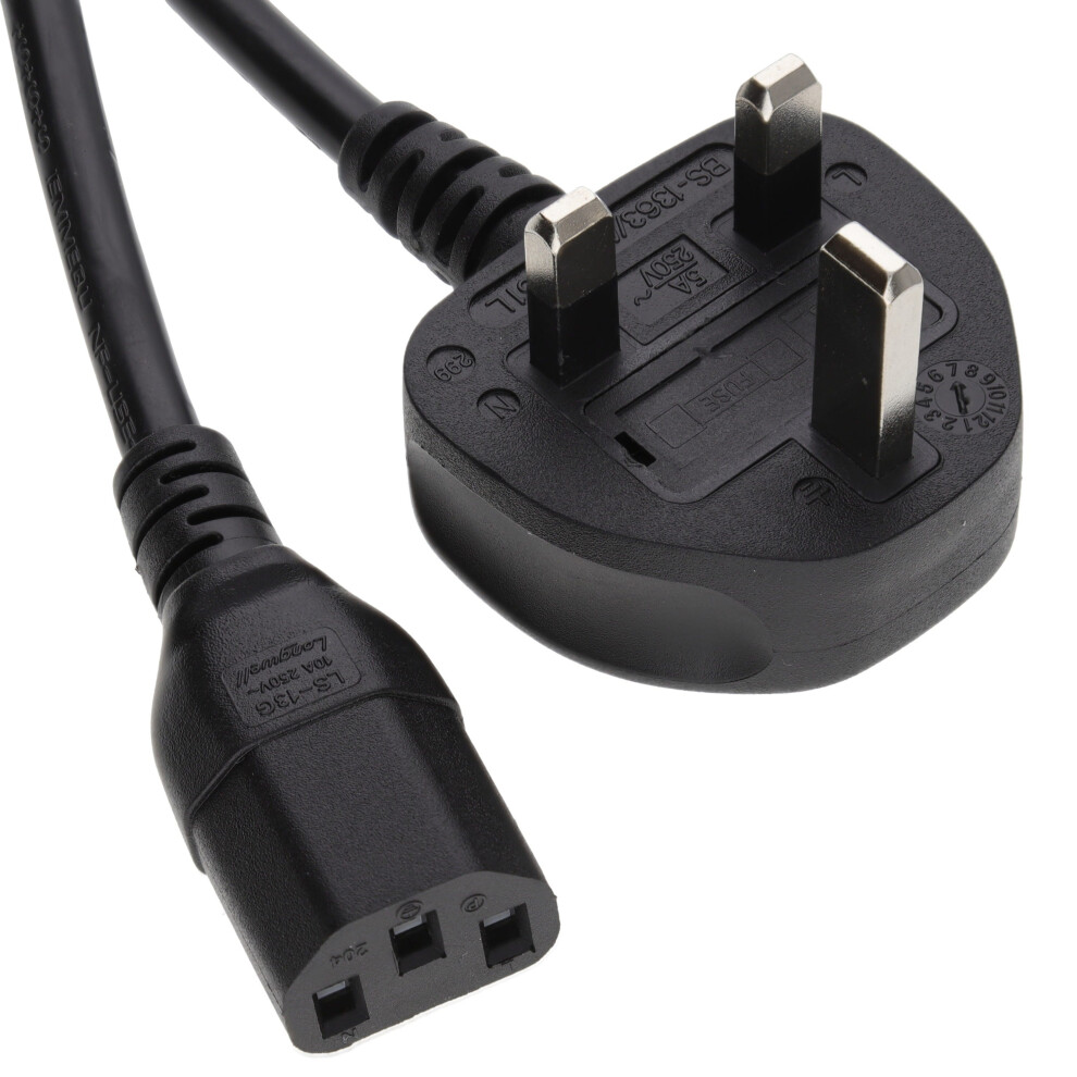 Power Cable UK Plug (10A Fused) to IEC C13 1.00mm2 Lead 3m Black