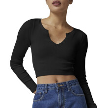 Vielseitige, einfarbige, dehnbare und bequeme Langarm-Crop-Tops für Damen mit Rundhalsausschnitt und V-Ausschnitt für jeden Tag
