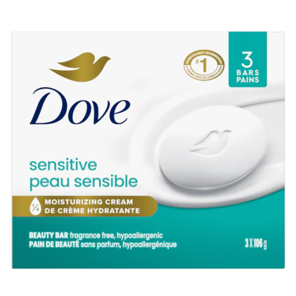 Dove Sensitive Skin Beauty Bar Soap Fragrance Free 3 Bars (106 g) Each