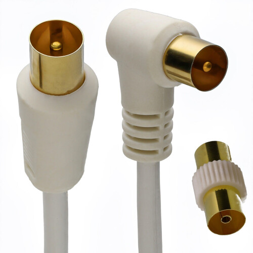 kenable RF Right Angle TV Aerial Freeview Plug Video Cable & Coupler GOLD  3m White