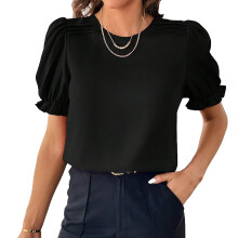 Lässige Damenblusen mit abgerundetem Saum, V-Ausschnitt-Tops aus hautfreundlichem Material, Puffärmelbluse mit femininem Look, atmungsaktives Design