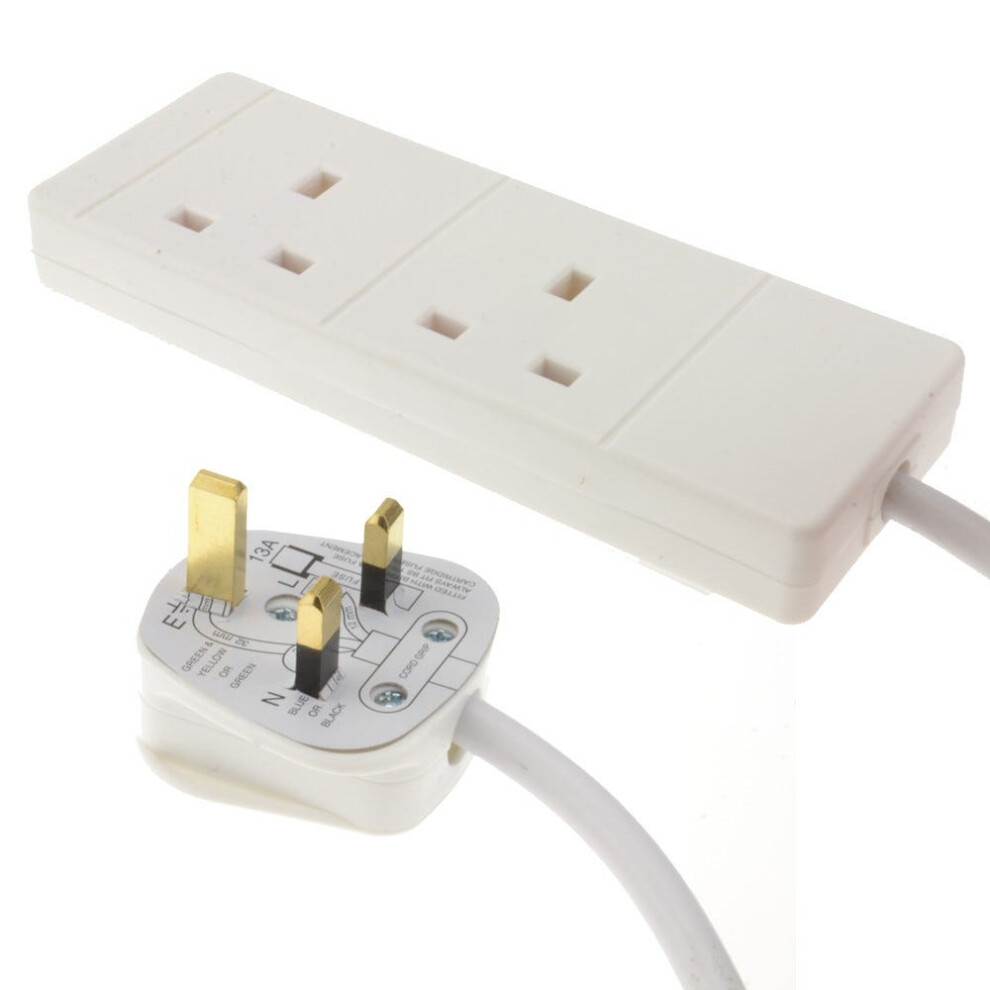 2 Gang Way Uk 13A Trailing Socket Mains Power Extension Lead White 15M 5055383459445