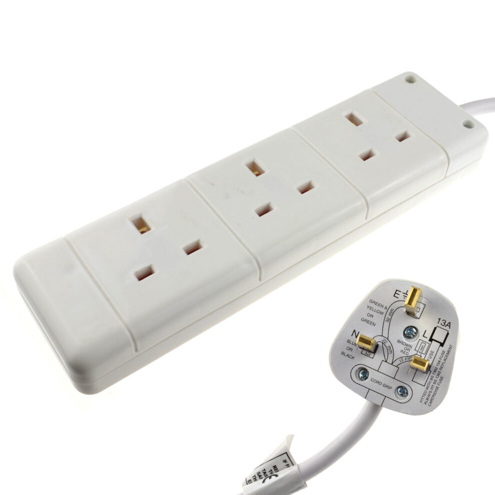 Kenable 3 Gang Way Uk 13A Trailing Socket Mains Power Extension Lead 5M White