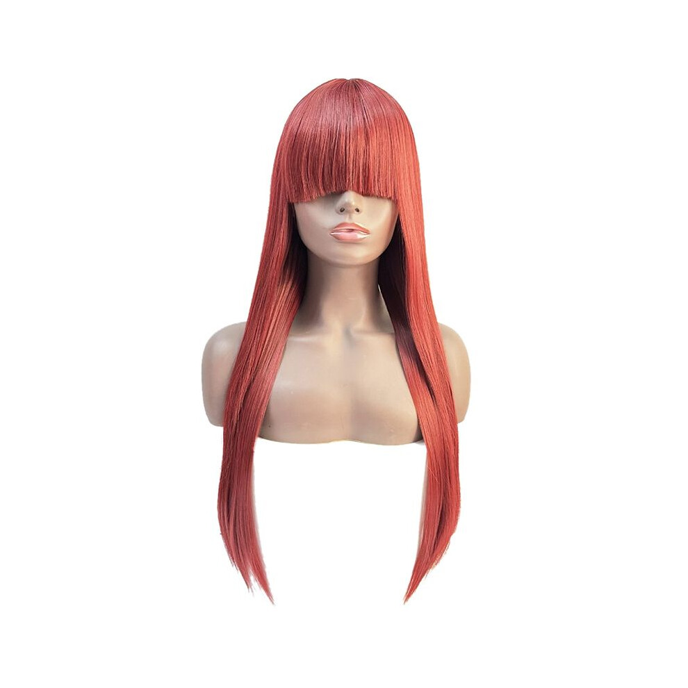 WIND FLYING Burgundy Long Straight Hair 24 Inches Wig with Bangs for Women Remy Hair Halloween Cosplay Wigs