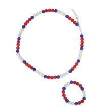 Glitter Baseball Beaded Necklace & Bracelet Set – Dark Blue, White & Red