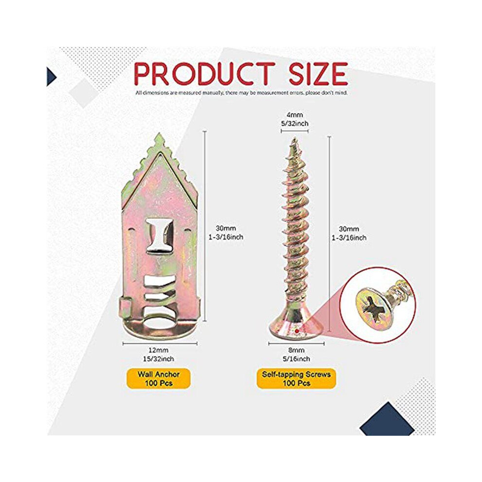 100X Drywall Self-Drilling Anchors With Screws,Hollow-Wall Anchor Kit With Screws, For Wall Insulation Board, Shelf 6031945909039