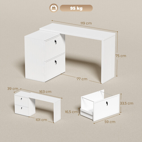 Homcom Escritorio Reversible Blanco 163 x 39 x 75 cm 2