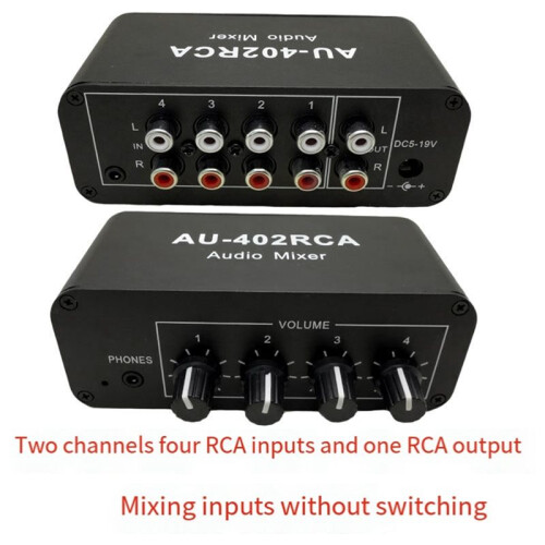 AU-402RCA Stereo Audio Mixer Multi-Channel Audio Source Reverberator Volume Control 3.5mm Headphone Driver 4 Input 2