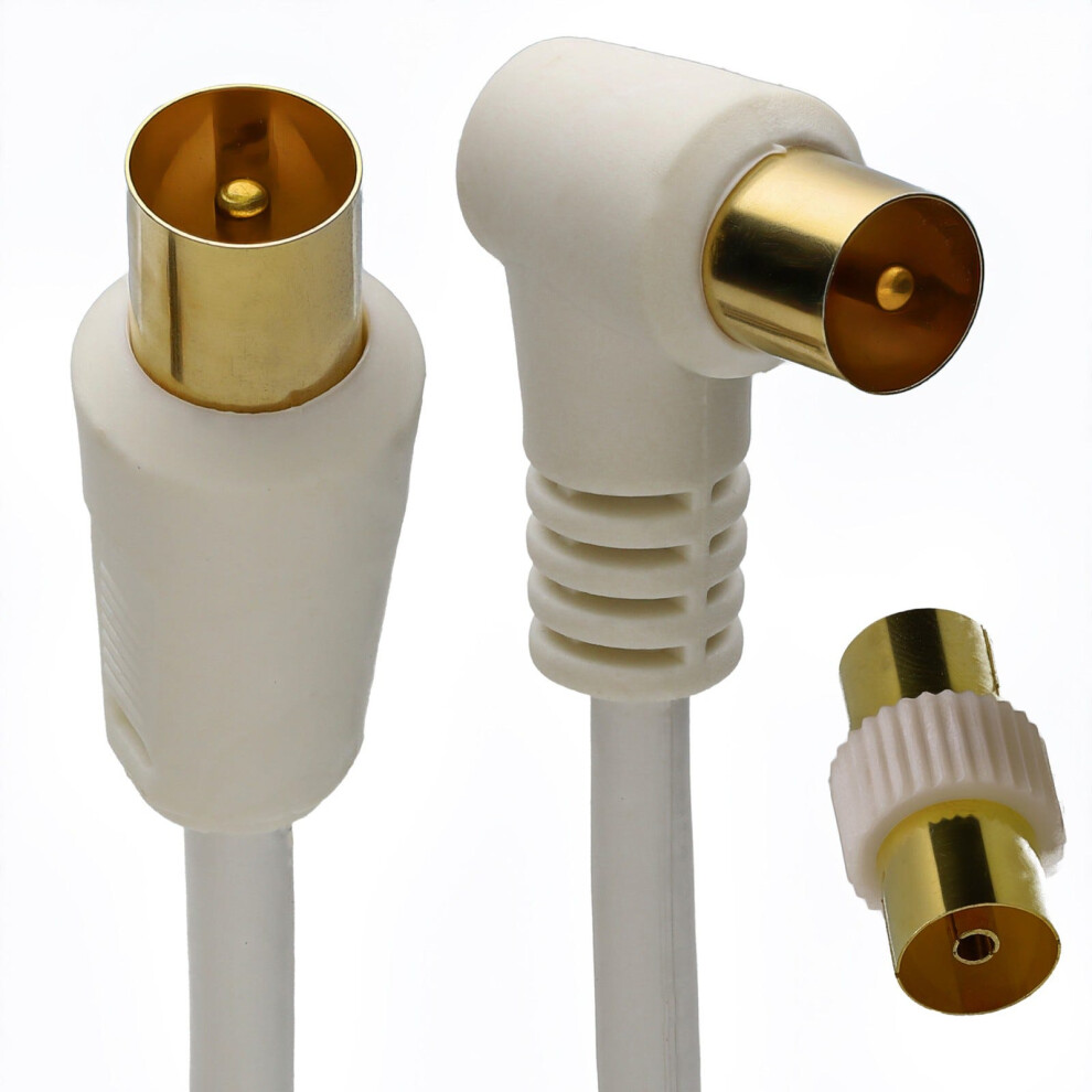 Rf Right Angle Tv Aerial Freeview Plug Video Cable & Coupler 1.5M Gold/White 5055383476411