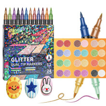 Feutres à Effet Pailleté pour Gribouillages, Double Pointe, Bicolores, 24 Couleurs
