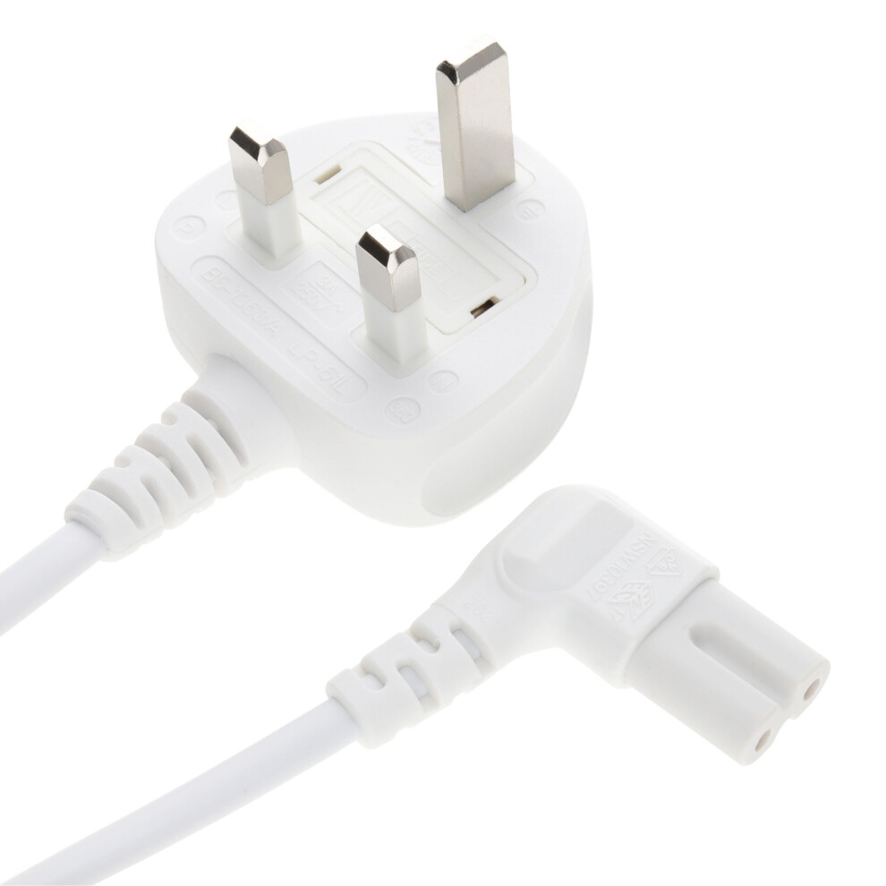 Power Cord Uk Plug To Right Angle Figure 8 Lead Cable C7 2M White 5055383476916