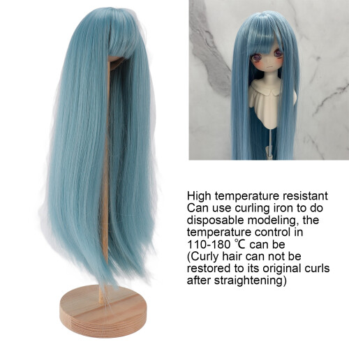 Doll Long Straight Wig with Bangs, Light Grey Blue, 18.5-21cm 2