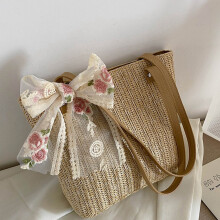 Sommer Freizeit Stroh Gewebt GroßE KapazitäT Achsel UmhäNgetasche Mode Blumen Band Damen Einkaufen Hand Tasche (Khaki)